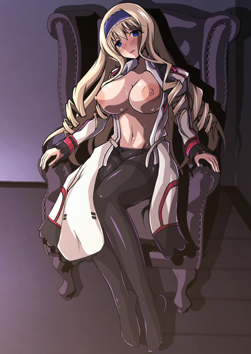 1girls big_breasts blonde_hair blue_eyes blush breasts busty cecilia_alcott couch drill_hair empty_eyes feet female female_only hairband highres infinite_stratos large_breasts legs long_hair looking_at_viewer navel nipples open_clothes open_mouth school_uniform sitting smile solo sweat thighs voluptuous