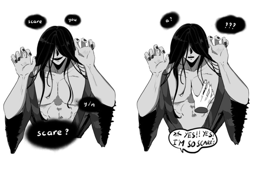 black_hair black_nails blush_lines confusion grey_skin homicipher horror long_hair long_hair_male monster mr_crawling muscular muscular_male open_clothes open_robe pec_grab pec_grasp pec_squeeze pecs teratophilia torn_clothes torn_sleeves y/n