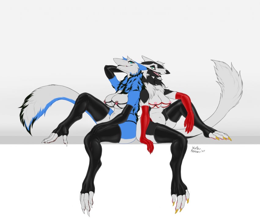 armwear back_to_back claws clothing duo feet female hair hi_res latex latex_armwear latex_clothing latex_legwear legwear open_mouth open_smile prehensile_feet raised_leg sergal sitting smile tail tail_tuft tights toes tuft winteranswer