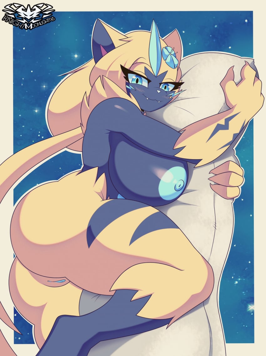 2024 anthro ass aurora_(nbanoob) big_breasts big_butt blush breasts digital_drawing_(artwork) digital_media_(artwork) female fur generation_7_pokemon genitals hi_res huge_breasts knightmoonlight98 legendary_pokemon looking_at_viewer nintendo nipples nude pillow pokemon pokemon_(species) pussy solo yellow_body yellow_fur zeraora