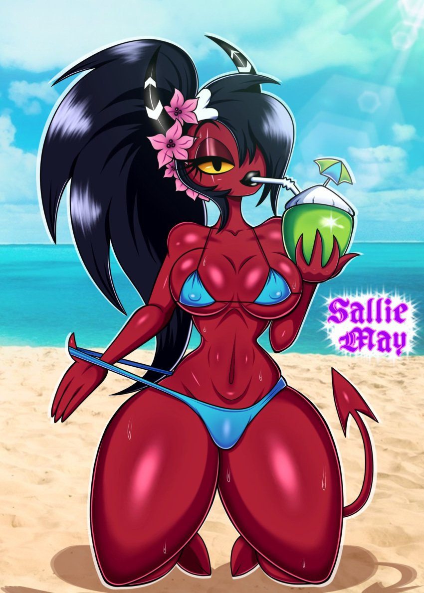 2022 accessory beach beverage big_breasts bikini bikini_pull black_eyes black_hair black_lips bodily_fluids breasts clothed clothing clothing_pull coconut coconut_drink curvy_figure demon demon_humanoid detailed_background digital_media_(artwork) drawsfigures drupe_(fruit) eyelashes feet female fingers flower flower_in_hair food fruit hair hair_accessory hair_over_eye helluva_boss hi_res hooves horn horned_humanoid hourglass_figure humanoid imp kneeling lips long_hair long_tail looking_at_viewer navel nipple_outline one_eye_obstructed outline outside plant ponytail pupils red_body red_skin sallie_may_(helluva_boss) sea seaside skimpy skimpy_bikini small_waist solo spade_tail straw_(disambiguation) sweat swimwear swimwear_pull tail thick_thighs trans_(lore) under_boob v-cut water wide_hips yellow_sclera