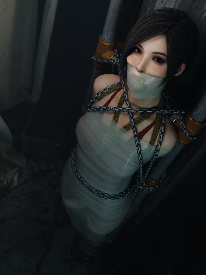 3d 3d_(artwork) ada_wong asian_female black_hair bound_to_pole chained eyelashes eyeliner immobilization ironlawbringer kidnapped looking_at_captor looking_at_viewer makeup mummification peril resident_evil short_hair stuffed_mouth_gag tagme tape_bondage tape_gag taped taped_mouth