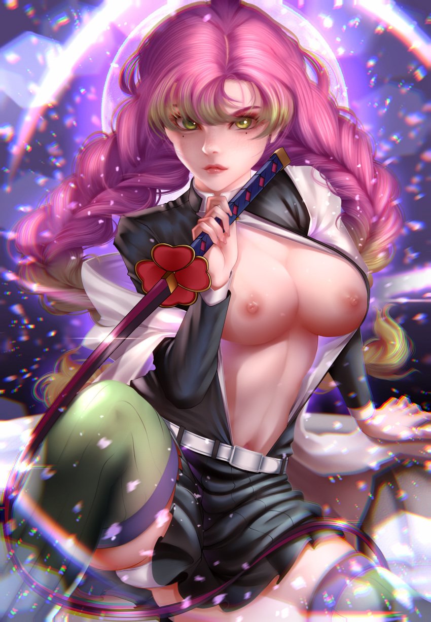 action_pose bangs bearwitch big_breasts braided_hair breasts breasts_out cleavage clothing demon_slayer female female_only green_eyes haori hi_res kanroji_mitsuri katana kimetsu_no_yaiba long_hair long_sleeves looking_at_viewer mole_under_eye no_bra open_shirt panties pink_hair pleated_skirt realistic solo sword thighhighs two_tone_hair very_high_resolution wardrobe_malfunction white_panties