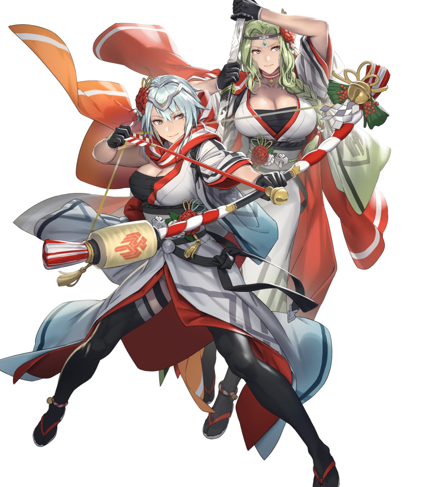 2girls alternate_breast_size alternate_costume arrow_(projectile) bangs black_gloves black_legwear blue_hair bow_(weapon) braid braided_hair breasts choker circlet cleavage closed_mouth cuboon dagr_(fire_emblem) dagr_(new_year)_(fire_emblem) female female_only fire_emblem fire_emblem_heroes game_cg gloves green_hair headgear highres holding holding_bow_(weapon) holding_weapon huge_breasts japanese_clothes jewelry kimono kodachi large_breasts light-skinned_female light_blue_hair lips long_hair mole mole_under_eye multiple_girls non-web_source nott_(fire_emblem) nott_(new_year)_(fire_emblem) official_alternate_costume official_art reverse_grip sandals sarashi scabbard shiny shiny_clothes shiny_hair short_hair short_sword single_braid smile sword tabi thighhighs tied_hair transparent_background weapon wide_sleeves zouri