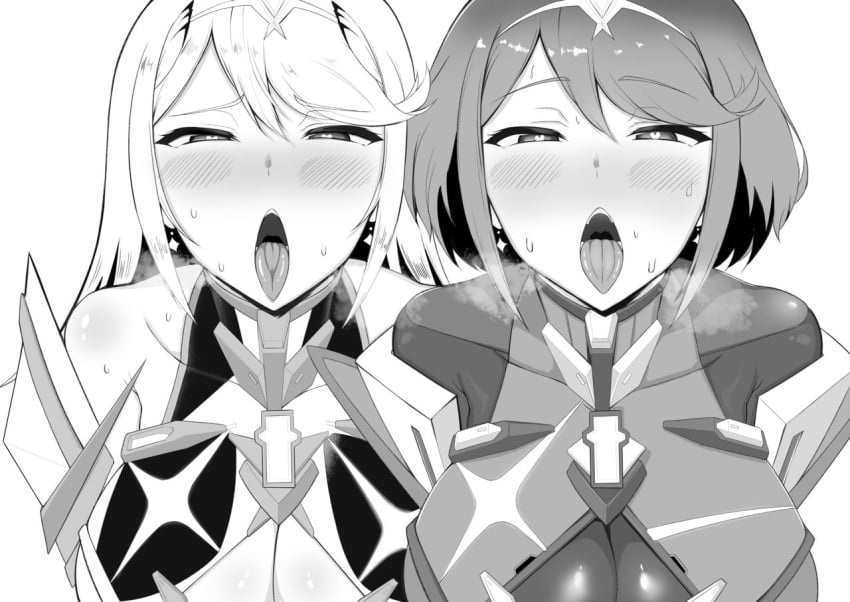 2girls armor bangs black_and_white blowjob_face blush breasts breath_cloud core_crystal crystal earrings exposed_shoulders gatyo_5 gem hair_ornament heart heart-shaped_pupils huge_breasts jewelry long_hair looking_at_viewer mythra nintendo pyra short_hair sweat sweatdrop swept_bangs tagme tiara tongue_out xenoblade_(series) xenoblade_chronicles_2