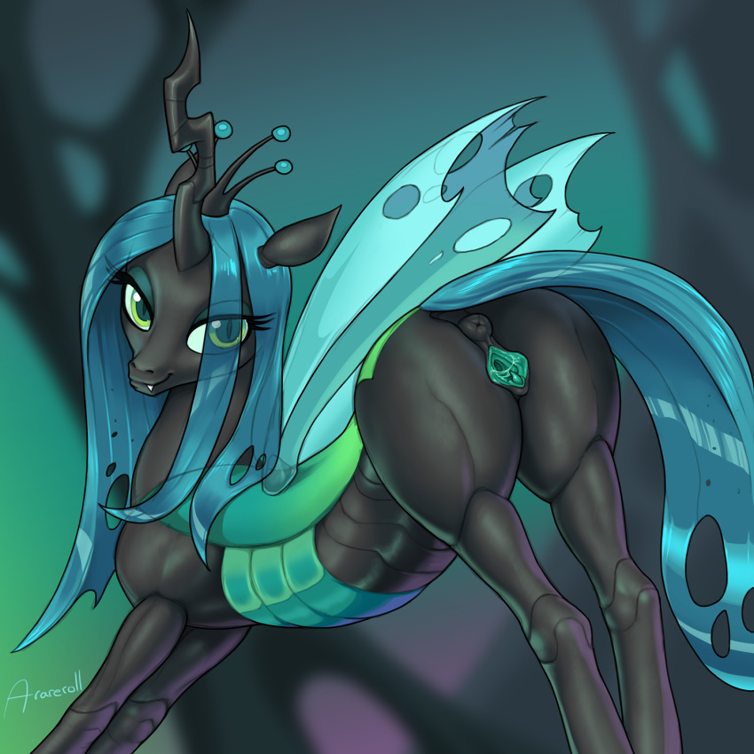 1:1 2021 anus arareroll arthropod ass changeling digital_media_(artwork) eyelashes female feral friendship_is_magic genitals green_eyes hasbro hi_res horn looking_at_viewer my_little_pony pussy queen_chrysalis_(mlp) smile solo wings