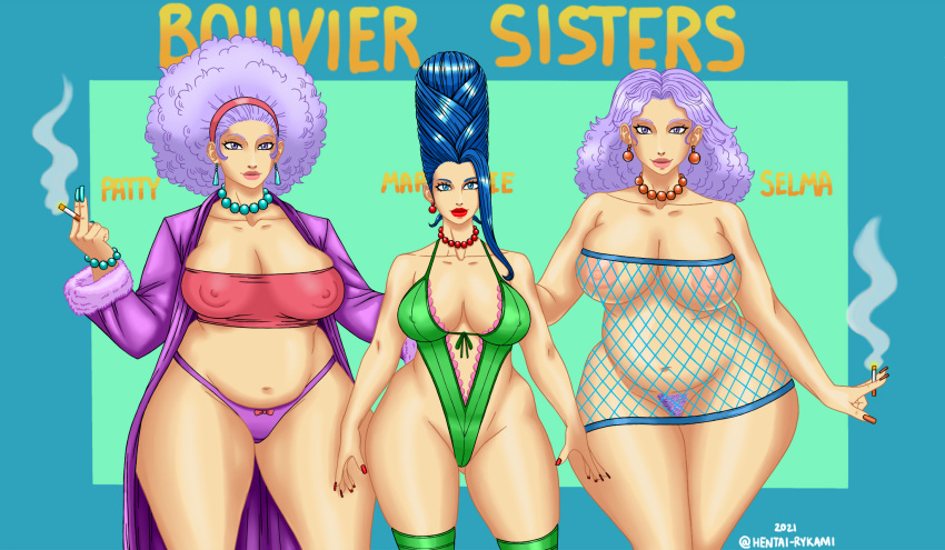 aunt blue_eyes blue_hair female female_only hentai-ryukami_(fafnir_the_dragon) marge_simpson patty_bouvier purple_eyes purple_hair selma_bouvier sisters the_simpsons thick_thighs voluptuous