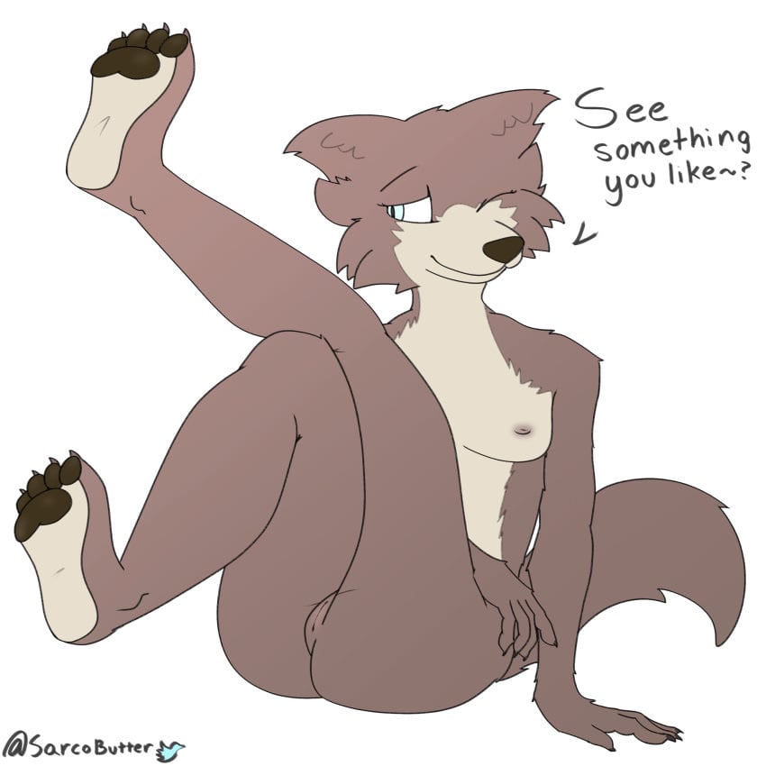 anthro ass beastars breasts canid canine canis female genitals hi_res juno_(beastars) mammal one_eye_closed presenting presenting_pussy pussy raised_leg sarcobutter smile solo text wink wolf