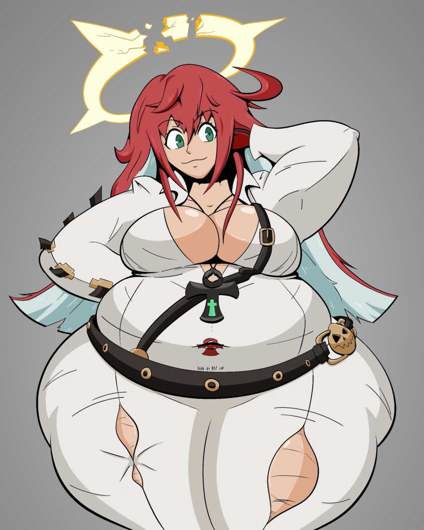 bbw big_belly big_breasts broken_halo enormous_thighs genpis_chong green_eyes guilty_gear guilty_gear_strive huge_belly huge_breasts huge_thighs jack-o'_valentine overweight red_hair ripped_clothing ripped_pants ssbbw thick_thighs wide_hips