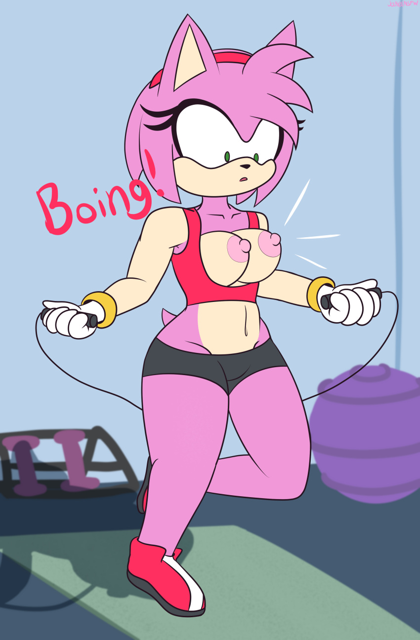 absurd_res accidental_exposure amy_rose anthro boing bottomwear bouncing_breasts bra breasts breasts_out clothed clothing eulipotyphlan exercise exercise_ball exercise_clothing exposed_breasts female hedgehog hi_res hotpants jakel009 jump_rope jumping mammal navel nipples sega shocked shorts solo sonic_(series) sports_bra surprised_expression underwear wardrobe_malfunction workout