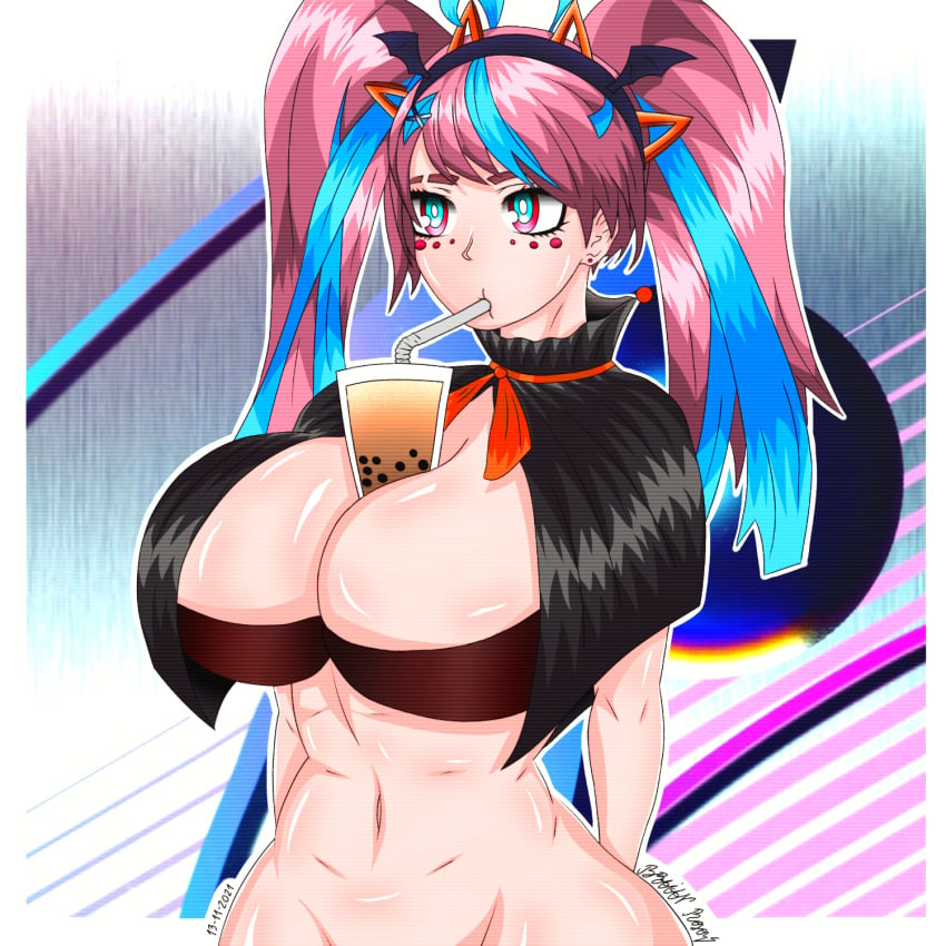 1girls big_breasts blue_hair bottomless braian_rojo breasts emikukis glass halloween headband huge_breasts multicolored_eyes owozu pink_hair sumisa twintails two_tone_hair virtual_youtuber voluptuous vtuber youtube youtube_hispanic