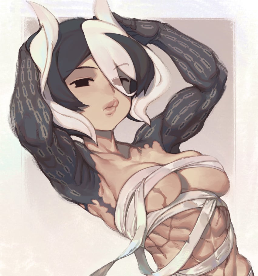 abs armpits bandage bandages black_eyes black_hair body_markings breast_squish covered_nipples female female_only glo-s-s hair_between_eyes hair_over_one_eye hands_on_head looking_at_viewer made_in_abyss medium_breasts muscular muscular_female ozen pouty_lips sarashi scars short_hair solo two_tone_hair upper_body