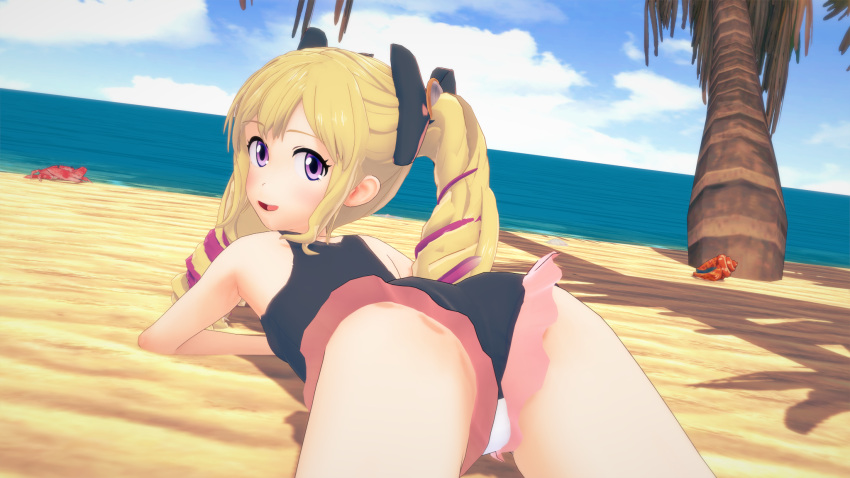 1girls 3d ass beach blonde_hair elise_(fire_emblem) elise_(summer)_(fire_emblem) female fire_emblem fire_emblem_fates fire_emblem_heroes jollyoldsoldier koikatsu light-skinned_female light_skin nintendo ocean one-piece_swimsuit purple_eyes ribbons sand small_breasts swimsuit water