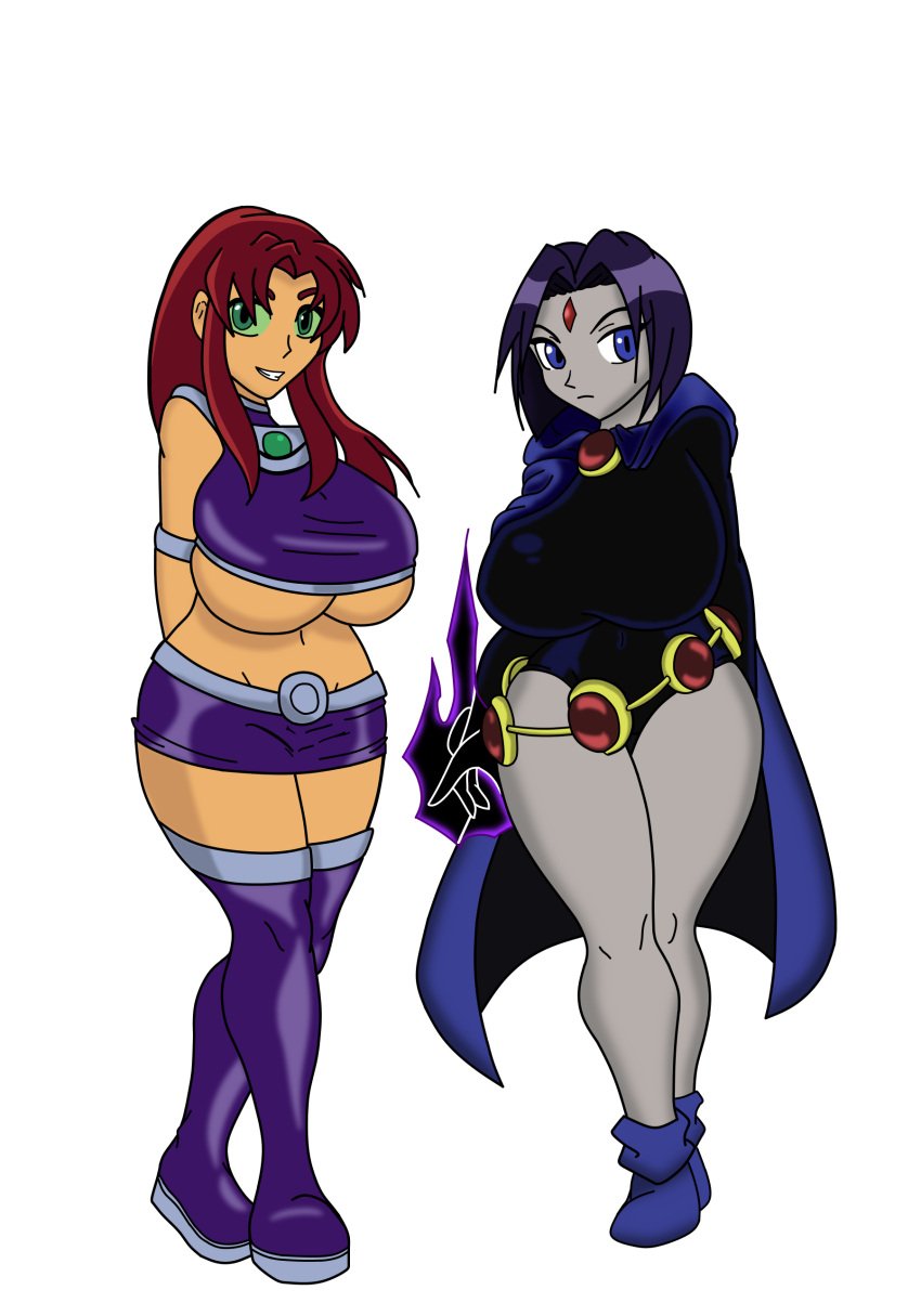 2girls alternate_breast_size arms_behind_back belt blue_eyes blue_hair boots breasts cape clothed clothed_female curvy dc dc_comics female female_only forehead_jewel gem goblinhordestudios grey_skin hourglass_figure huge_breasts irck-mre large_breasts legs leotard long_hair looking_at_viewer magic miniskirt multiple_girls orange_skin rachel_roth raven_(dc) red_hair short_hair skirt smile smooth_skin starfire teen_titans thick_thighs thigh_high_boots transparent_background underboob wide_hips zettai_ryouiki