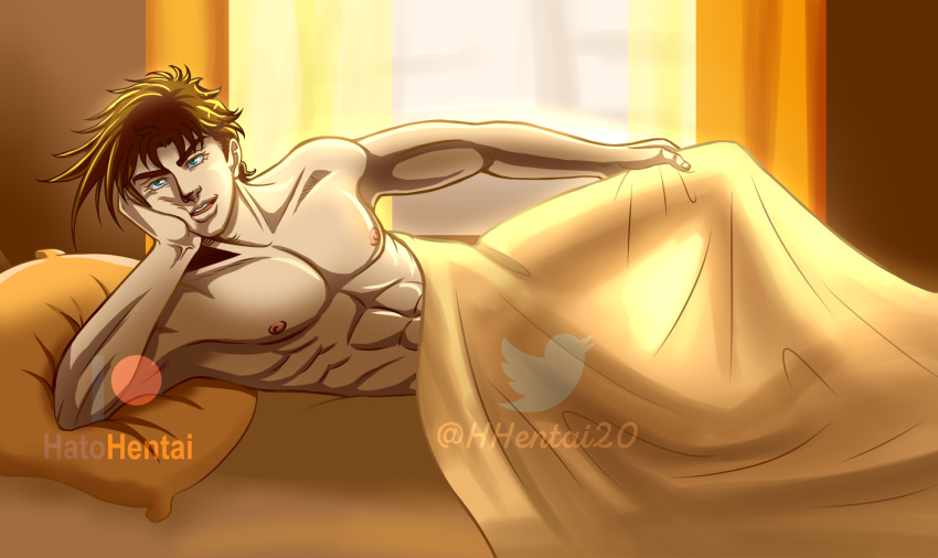 1boy battle_tendency bed bed_sheet bedroom bedroom_eyes brown_hair green_eyes hhentai20 jojo's_bizarre_adventure joseph_joestar male male_only muscular muscular_male