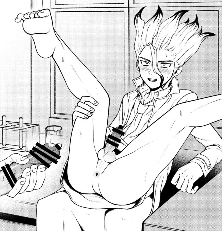 2boys anus ass balls beaker blush bottomless dr.stone enthusiastic erection feet feet_up gay gradient_hair holding_penis imminent_anal imminent_sex ishigami_senku lab_coat labcoat legs_apart legs_held_open long_hair manga monochrome no_text partially_clothed partially_nude penis presenting_anus scientist smiling smirk sweat sweating table white_hair yaoi