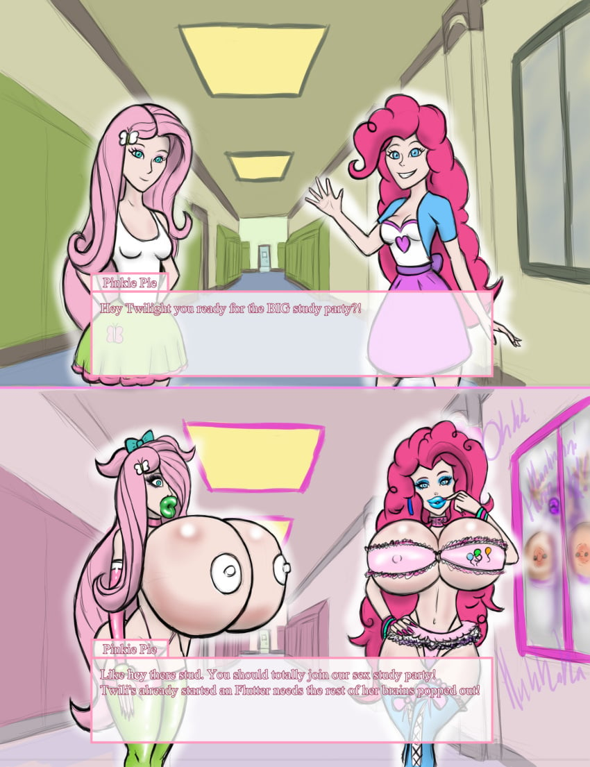 before_sex belly_button big_breasts bimbo bimbofication blank_stare blue_eyeshadow blue_lipstick bracelets bradtanker3 breasts choker english_text equestria_girls finger_on_lip fluttershy_(eg) fluttershy_(mlp) green_lipstick hair_ornament hair_over_one_eye hairbow hoop_earrings huge_breasts huge_lips jacket looking_at_viewer microskirt my_little_pony nipple_bulge nipple_piercing nude_female pasties pinkie_pie_(eg) pinkie_pie_(mlp) sex_from_behind sex_noises skirt straight_hair talking_to_viewer text text_box thong twilight_sparkle_(mlp) typo wide_hips