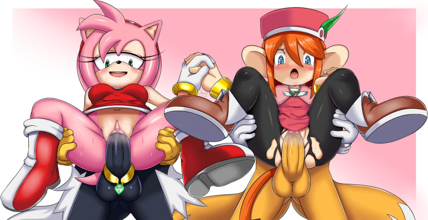 2boys 2girls amy_rose clasped_hands cock_ring female fox furry genital_fluids hedgehog klonoa klonoa_(series) lolo_(klonoa) male monkey_girl off_the_ground partially_clothed partner_swap saeki_makai shocked_expression sonic_(series) spread_legs tails unseen_male_face