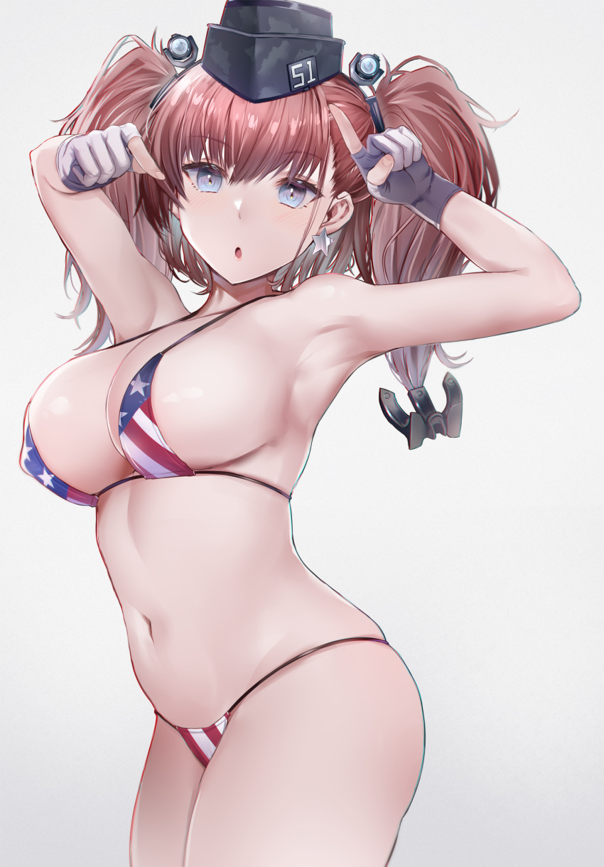 american_flag_bikini atlanta_(kantai_collection) big_breasts bikini blue_eyes brown_hair earrings female female_only fingerless_gloves gloves hair_ornament hat headgear headwear instovdr interstellar kantai_collection looking_at_viewer micro_bikini nipple_bulge solo twintails