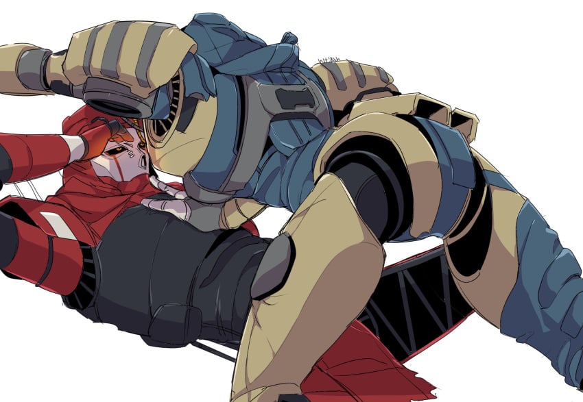 1boy 1girls 2021 2d apex_legends ash_(apex_legends) ash_(titanfall) blush female half_body highres ikeore_1 lying male on_back respawn_entertainment revenant_(apex_legends) robot simulacrum tagme titanfall touching