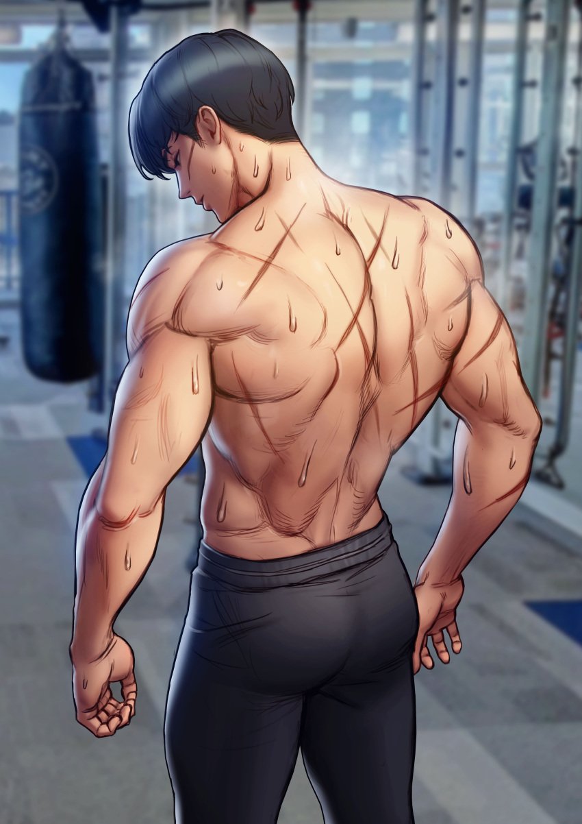 1boy 1male asian asian_male ass back_muscles back_scar back_view bodyguard_(roborobocop) facial_scar gym gym_clothes high_resolution highres leggings male male_only muscular muscular_male original original_character robocap roborobocop scar scars shirtless sweat tight_pants toned toned_male