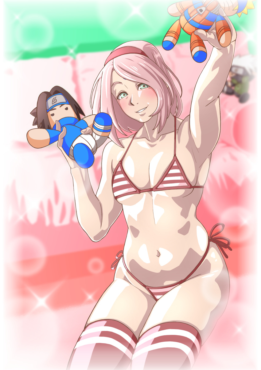 1girls bikini blush boruto:_naruto_next_generations female female_focus female_only fully_clothed green_eyes holding_object long_hair naruto naruto:_the_last naruto_(series) naruto_shippuden pink_hair playing revealing_clothes saburo_des sakura_haruno sasuke_uchiha side-tie_bikini sitting solo solo_focus striped_bikini striped_legwear stripes stuffed_toy toy uzumaki_naruto