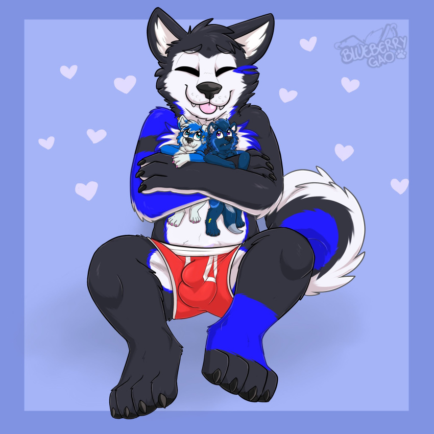 1:1 anthro balls_outline bandai_namco black_body black_ears black_fur black_hair black_nose blep blue_background blue_body blue_border blue_ears blue_eyes blue_fur blue_hair border border_collie boxers_(clothing) bulge canid canine canis cheek_tuft claws clothed clothing collie cute_fangs digimon digimon_(species) dipstick_tail domestic_dog embrace eyebrow_through_hair eyebrows facial_tuft fur gaokun gaokun_(character) genital_outline grey_body grey_fur group hair heart herding_dog hi_res hug husky inner_ear_fluff macro male male/male mammal markings multicolored_body multicolored_ears multicolored_fur multicolored_hair neck_tuft nervous nordic_sled_dog partially_clothed pastoral_dog pink_claws purple_eyes red_clothing red_underwear sheepdog simple_background spitz tail_markings toe_claws tongue tongue_out translucent translucent_hair tuft two_tone_body two_tone_ears two_tone_fur two_tone_hair underwear watermark white_body white_ears white_fur white_inner_ear