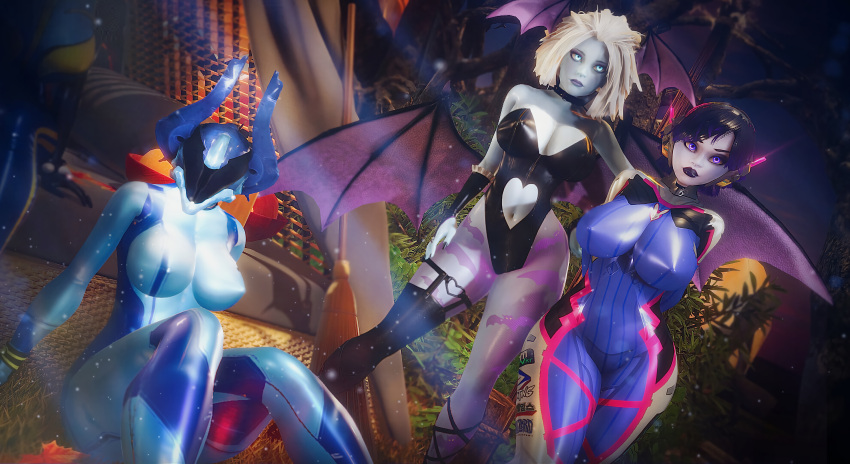 3d 3d_(artwork) awoken bat_wings bungie clothing cosplay d.va_(cosplay) darkstalkers destiny_(game) destiny_(video_game) destiny_2 exo female_only fully_clothed glowing glowing_eyes guardian_(destiny) halloween halloween_costume large_breasts looking_at_viewer mara_sov morrigan_aensland_(cosplay) nezzy_(sonicfreak) night overwatch pantyhose robot robot_girl samus_aran_(cosplay) sitting sonicfreak sonikku_(sonicfreak) thighhighs warlock_(destiny) zero_suit