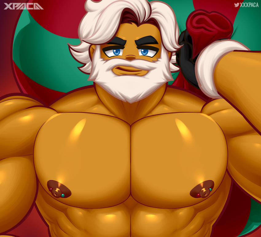 bara bara_tits beard beefcake big_pecs blue_eyes cookie_run eggnog_cookie huge_pecs hunk male male_nipples male_only moustache muscle muscles muscular_male nipples shirtless_(male) short_hair smile smiling sparkles tanned_skin white_hair xpaca