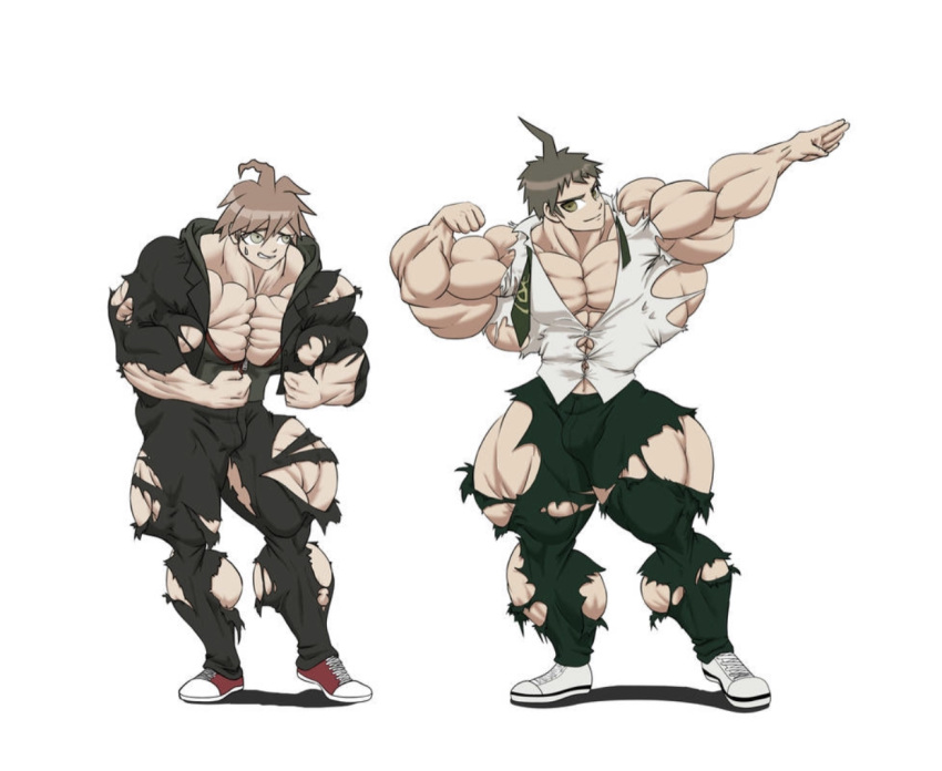 2boys abs biceps big_biceps big_bulge big_muscles big_pecs bodybuilder brown_hair bulge bulge_through_clothing button_pop chocomus danganronpa danganronpa:_trigger_happy_havoc danganronpa_2:_goodbye_despair flexing flexing_arms flexing_bicep flexing_muscles gay grin growing growing_out_of_clothes growth hinata_hajime huge_biceps huge_muscles huge_pecs hyper_muscles hyper_pecs male muscle muscle_growth muscles muscular muscular_arms muscular_calves muscular_legs muscular_male muscular_thighs naegi_makoto pecs ripped ripped_clothing ripped_pants smile straight_hair straining straining_buttons tall_male tattered_clothing too_small_clothes