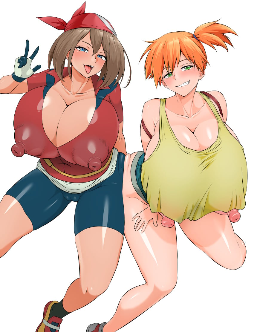 2girls ahemaru alternate_breast_size big_nipples brown_hair curvaceous curves curvy_female curvy_figure enormous_breasts erect_nipples erect_nipples_under_clothes henriiku_(ahemaru) high_resolution highres huge_breasts large_breasts looking_at_viewer may_(pokemon) misty_(pokemon) naughty_face nipples_visible_through_clothing orange_hair peace_sign pokemon thick_thighs v voluptuous