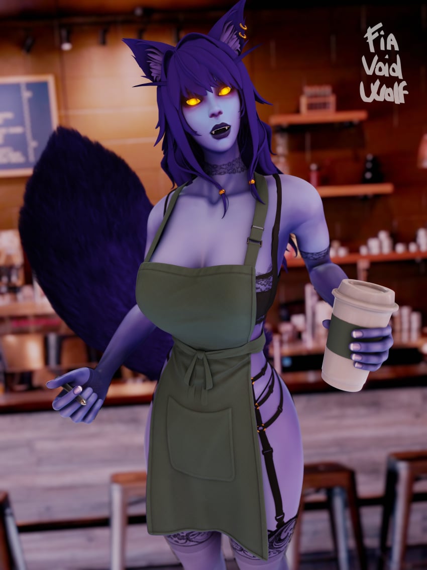 3d apron blue_body blue_skin fia_(fiavoidwolf) fiavoidwolf garter_belt iced_latte_with_breast_milk lingerie meme purple_hair starbucks stockings wolf_ears wolf_girl wolf_tail yellow_eyes