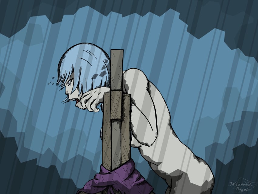 1girls beruka_(fire_emblem) black_eyes blue_hair bondage breasts captured completely_nude crying crying_with_eyes_open defeated dirty female_only femsub fire_emblem fire_emblem_fates humiliation nintendo nude nude_female open_mouth outdoors pillory public public_humiliation public_nudity punishment rain scarf short_hair small_breasts solo story_at_source tethered_angel textless torture whip whip_marks whipping