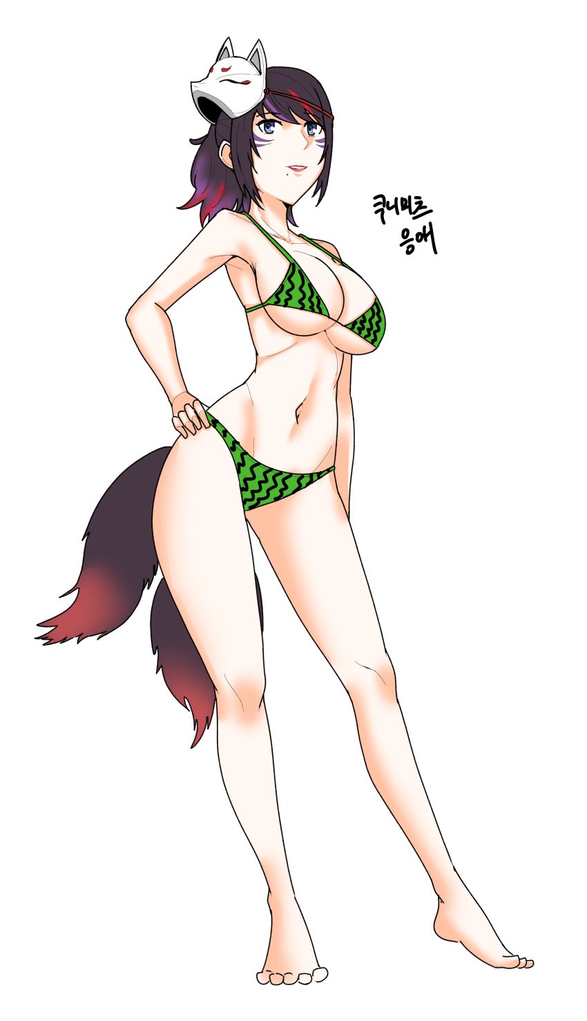 1girls alluring bikini black_and_red_and_purple_hair escape1111 female kitsune_marks kunimitsu_ii kunoichi namco tekken tekken_7 voluptuous watermelon_bikini