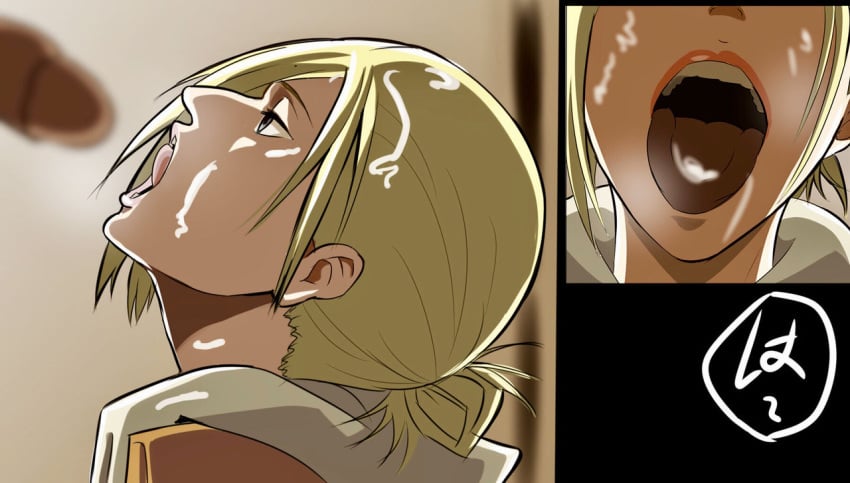 1boy 1girls after_deepthroat after_oral ahe_gao annie_leonhardt attack_on_titan blonde_hair blue_eyes breath clothed cum cum_in_mouth cum_on_face facial female long_hair nier_(artist) open_mouth oral partial_male penis ponytail seductive_mouth shingeki_no_kyojin throat tongue tongue_out