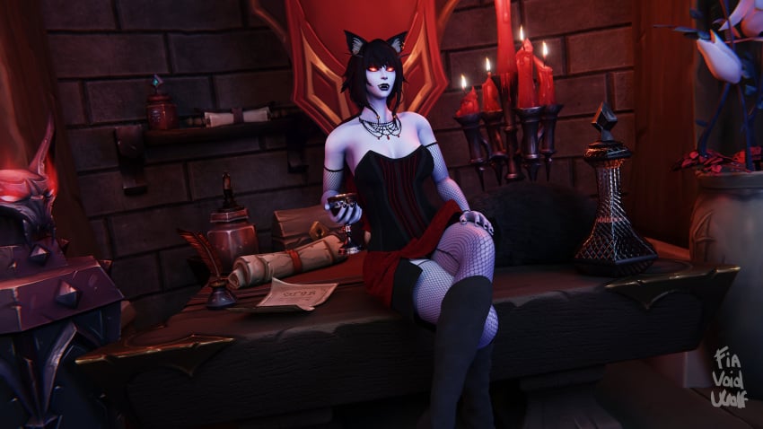 3d black_hair blue_body blue_skin dark_hair drinking drinking_glass female fia_(fiavoidwolf) fiavoidwolf red_eyes vampire_costume venthyr void_elf warcraft wolf_ears wolf_girl world_of_warcraft wow