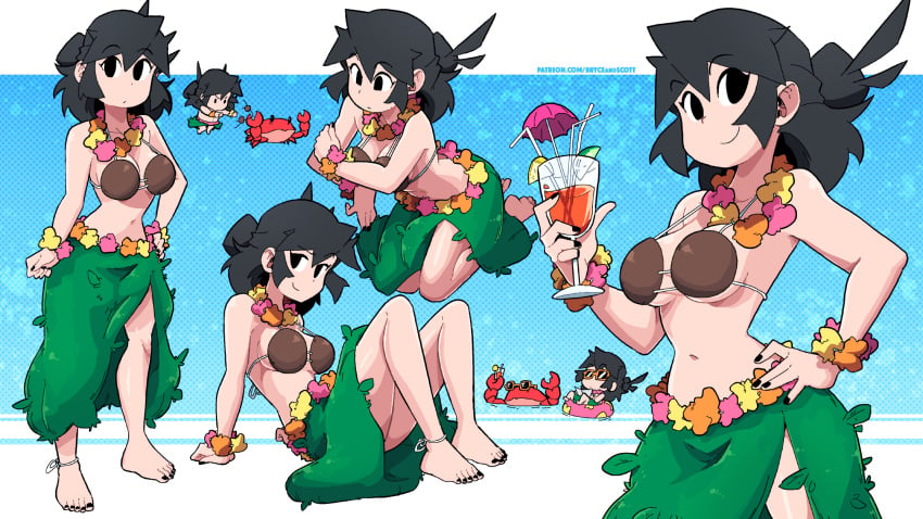 1girls barefoot black_eyes black_hair cocktail drinking_glass flower_necklace green_towel looking_at_viewer lucia_(scott_malin) multiple_poses oc original original_character scott_malin the_panty_bear towel_around_waist