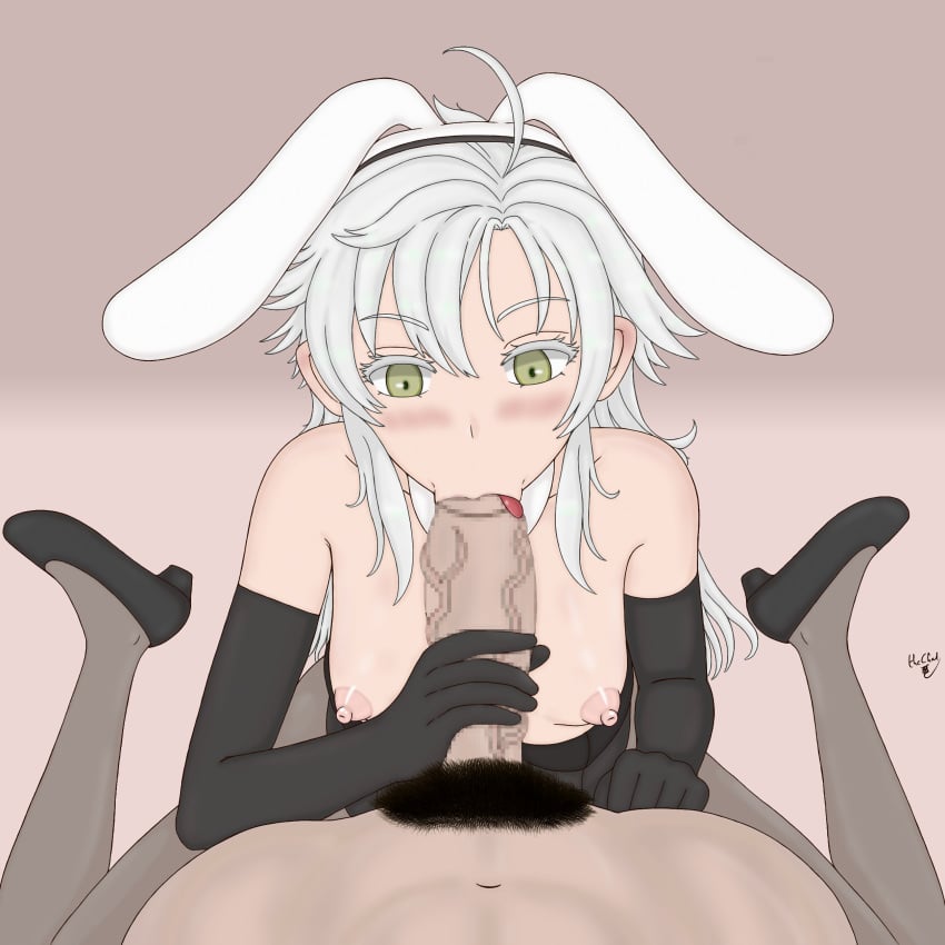 big_penis bunnysuit censored fellatio fie_claussell green_eyes grey_hair looking_at_penis pubic_hair puffy_nipples sen_no_kiseki small_breasts thechad trails_of_cold_steel vacuum_fellatio veiny_penis