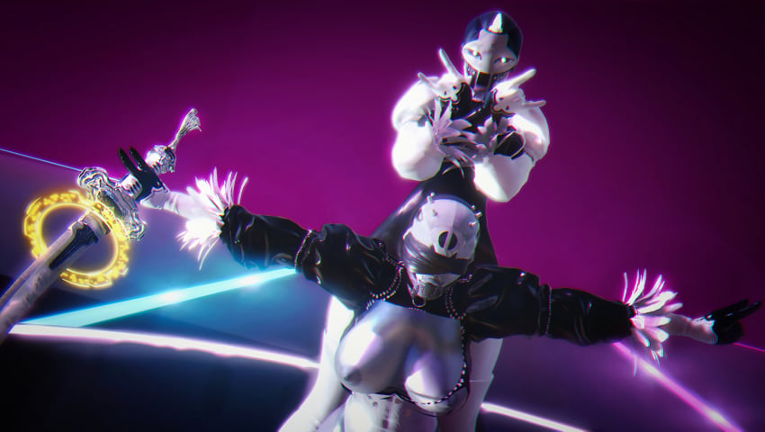 3d 3d_(artwork) ada-1 blindfold blindfolded breasts bungie cosplay destiny_(game) destiny_(video_game) destiny_2 elsie_bray exo exo_stranger female_only gloves glowing looking_at_viewer nier:_automata nipples robot robot_girl robot_humanoid sonicfreak sword yorha_2b_(cosplay) yorha_2p_(cosplay)