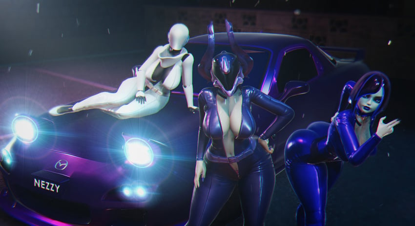 3d 3d_(artwork) 3girls bodysuit bungie car crossover demi demi_(subverse) destiny_(game) destiny_(video_game) destiny_2 guardian_(destiny) gynoid haydee haydee_(game) headlights high_heel_boots high_heels latex laying leather nezzy_(sonicfreak) night robot_girl robot_humanoid rx-7 skin_tight sonicfreak sports_car subverse warlock_(destiny)