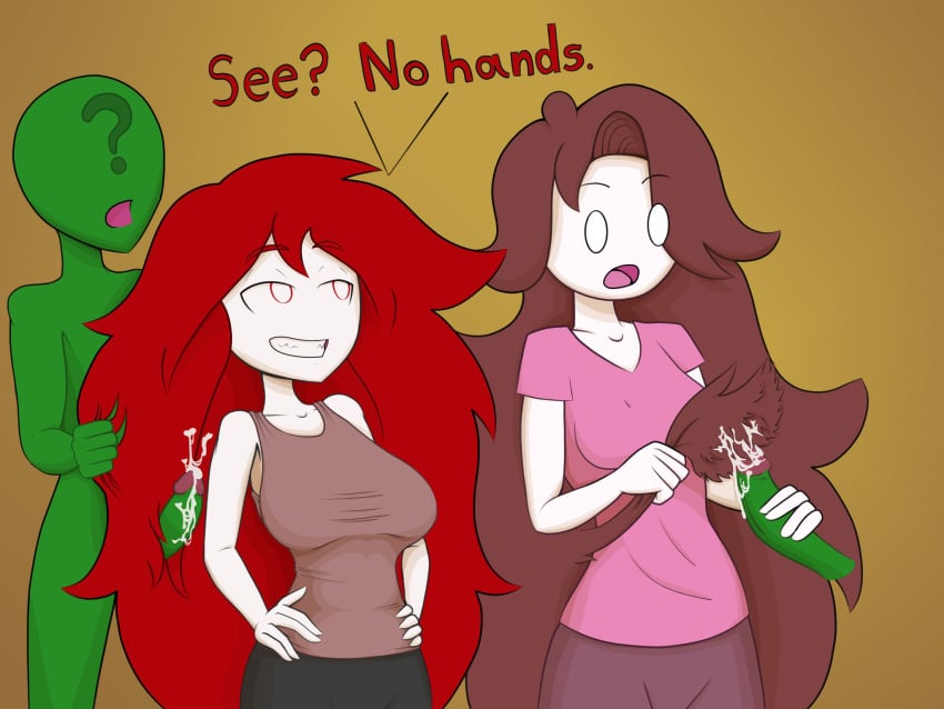 2girls anon big_breasts breast_size_difference brown_hair clothing color cum cum_in_hair cum_on_hair english_text female fully_clothed hairjob itzal jaiden jaiden_animations jaidenanimations long_hair male medium_breasts multiple_girls overly_sarcastic_productions penis red_(overly_sarcastic_productions) red_hair smug text youtube youtuber