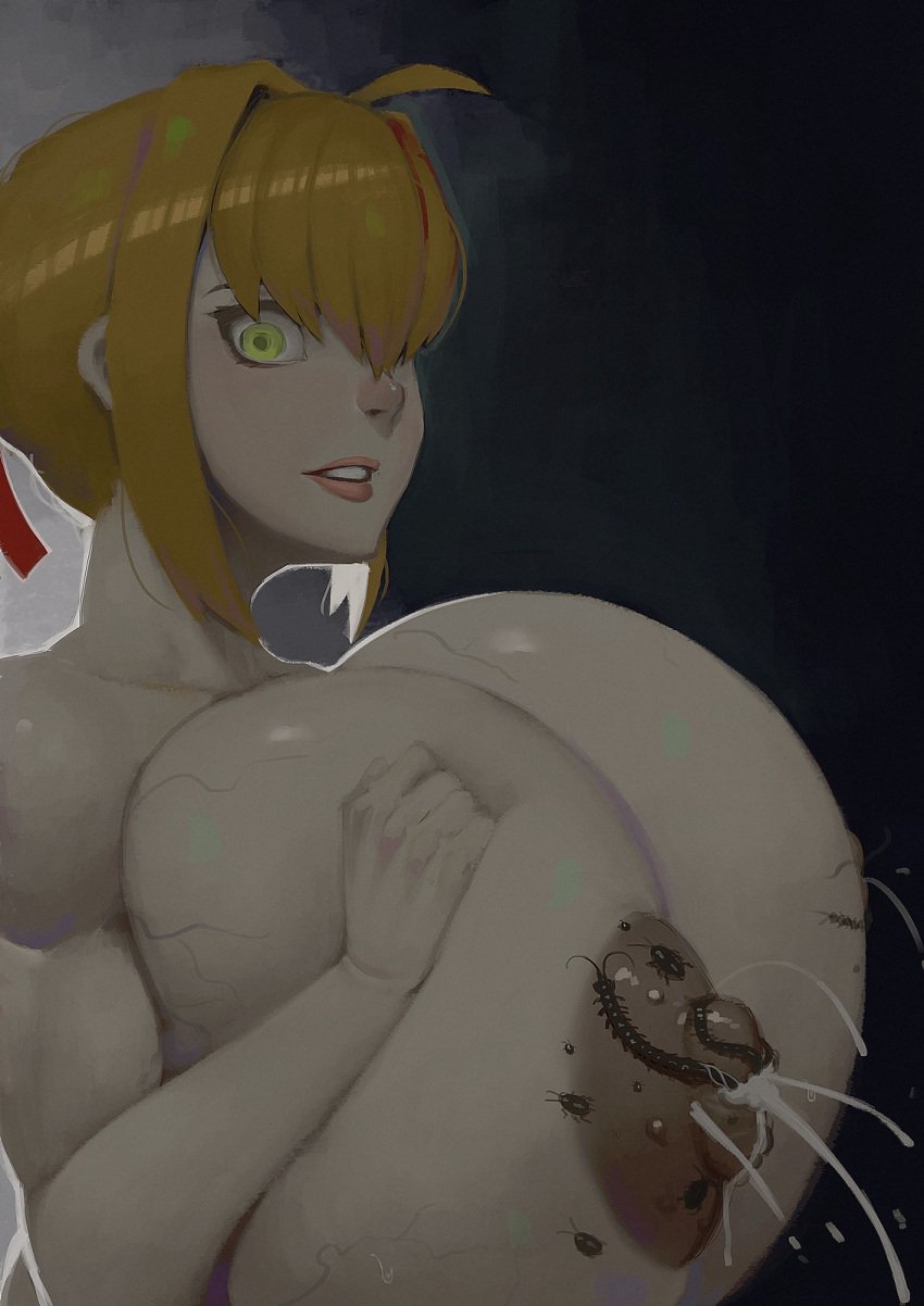 1girls blonde_hair breast_pregnancy breast_squeeze breasts bumpy_areola corruption dualberettas empty_eyes fate/grand_order fate_(series) female female_only gigantic_breasts green_eyes huge_breasts human infestation insect_on_female insects lactating lactation milk milk_squirt mind_break nero_claudius_(fate) nipple_birth nude veiny_breasts zoophilia