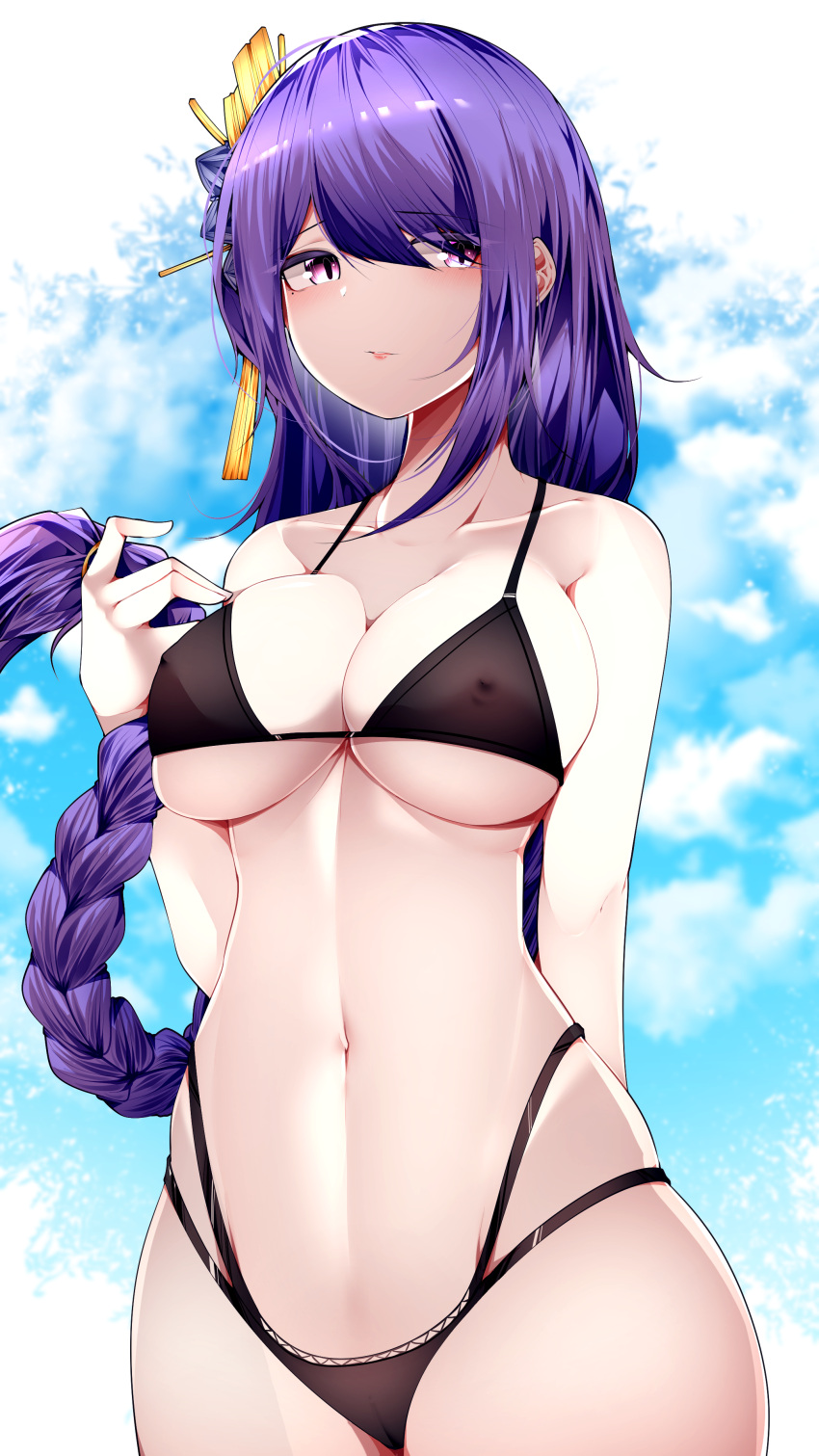 1girls abs absurdres bangs belly_button bikini bikini_bottom bikini_top black_bikini black_bikini_bottom black_bikini_top blue_background blush braid braided_hair breasts bulge cleavage collarbone female genshin_impact hair_ornament highres hips huge_breasts large_breasts long_hair looking_at_viewer midriff nipple_bulge purple_eyes purple_hair raiden_shogun samip shoulders sideboob simple_background slim_waist small_waist solo thick thick_thighs thighs underboob waist white_background wide_hips