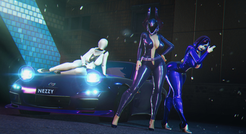 3d 3d_(artwork) 3girls bodysuit bungie car crossover demi demi_(subverse) destiny_(game) destiny_(video_game) destiny_2 guardian_(destiny) gynoid haydee haydee_(game) headlights high_heel_boots high_heels latex laying leather nezzy_(sonicfreak) night robot_girl robot_humanoid rx-7 skin_tight sonicfreak sports_car subverse warlock_(destiny)