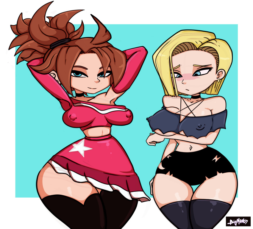 2d 2girls android_18 android_21 android_21_(human) bigmantis blue_eyes cosplay costume dragon_ball dragon_ball_z female helluva_boss long_hair loona_(helluva_boss) medium_hair nipples panties tagme verosika_mayday_(helluva_boss)