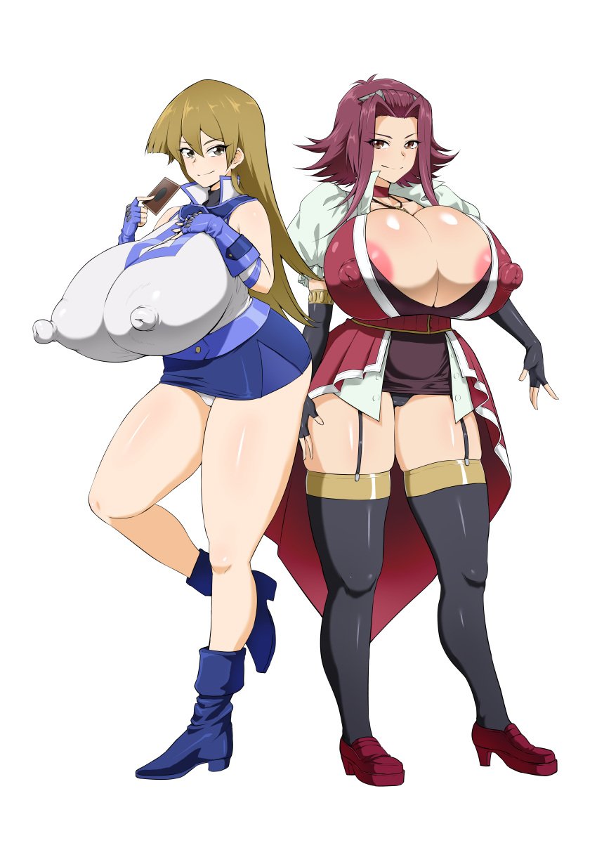 2girls ahemaru akiza_izinski alexis_rhodes big_nipples blush bursting_breasts curvaceous curves curvy curvy_female curvy_figure enormous_breasts erect_nipples erect_nipples_under_clothes henriiku_(ahemaru) high_resolution highres huge_breasts human large_breasts long_hair looking_at_viewer naughty_face nipples_visible_through_clothing simple_background standing thick_thighs voluptuous yu-gi-oh! yu-gi-oh!_5d's yu-gi-oh!_gx