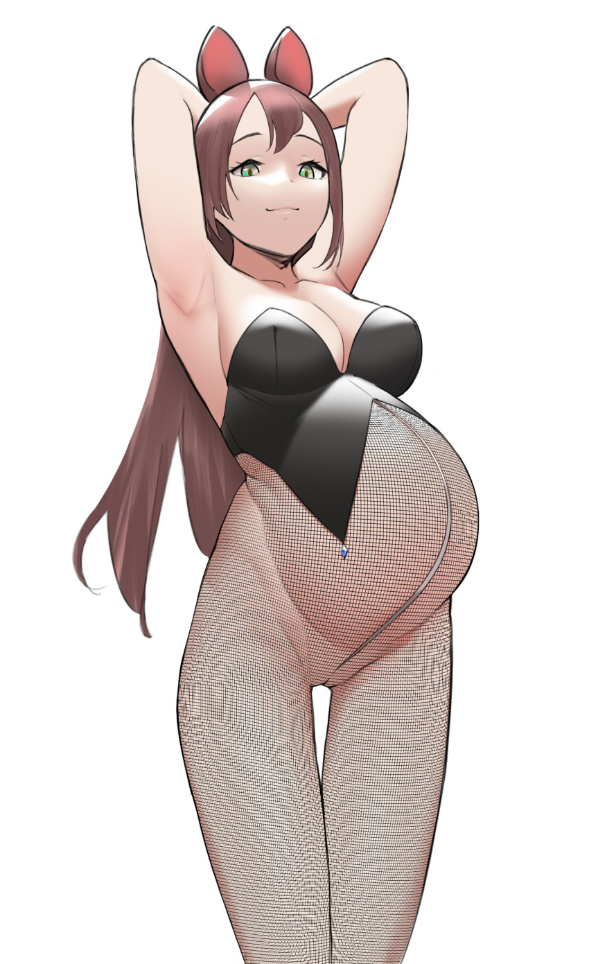 1girls armpits arms_up big_belly breasts brown_hair bunny_ears bunny_girl bunnysuit female female_only green_eyes inonice01 original pregnant pussy solo tagme