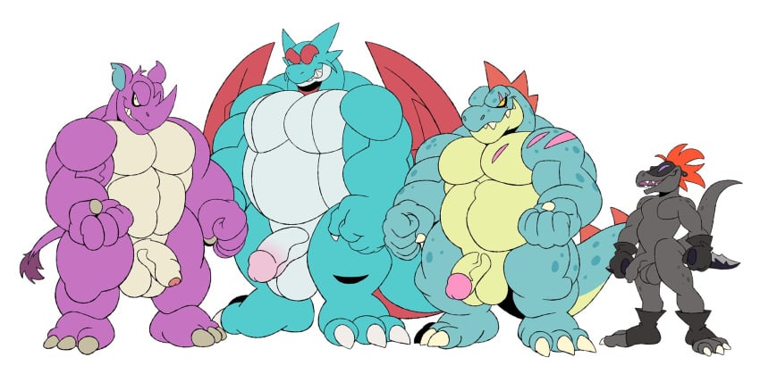 2021 anthro balls bara belly big_balls big_penis feraligatr fist foreskin genitals group hi_res male male_only muscular nidoking nintendo nude nudist pecs penis pokemon pokemon_(species) salamence salandit simple_background tderek99 video_games