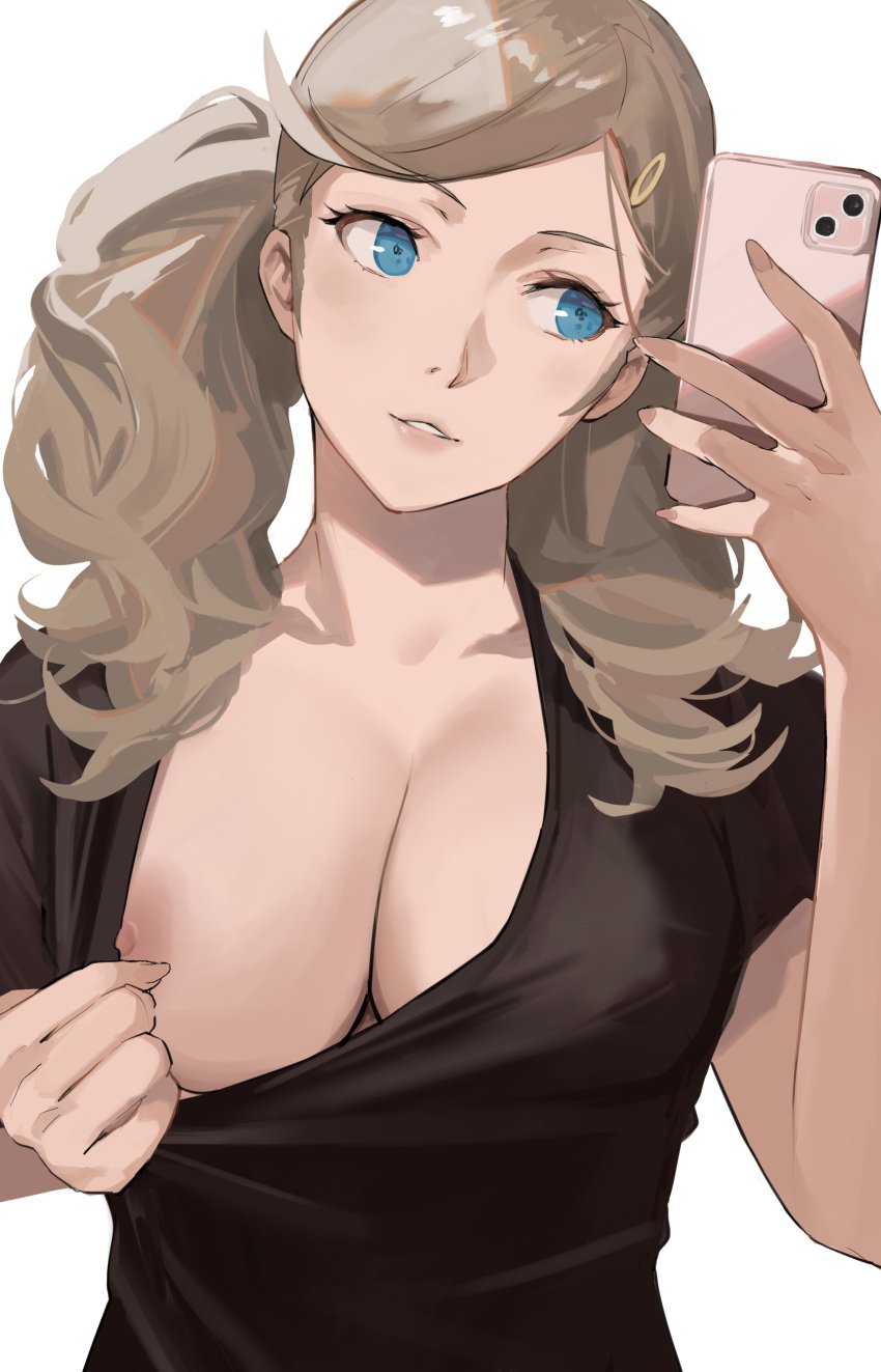 1girls ann_takamaki blonde_hair breasts cleavage dark_blonde dark_blonde_hair dirty_blonde dirty_blonde_hair exhibitionism female image j@ck long_hair nipple_bulge nipples no_bra persona persona_5 phone sandy_blonde sandy_blonde_hair simple_background smartphone solo twintails white_background