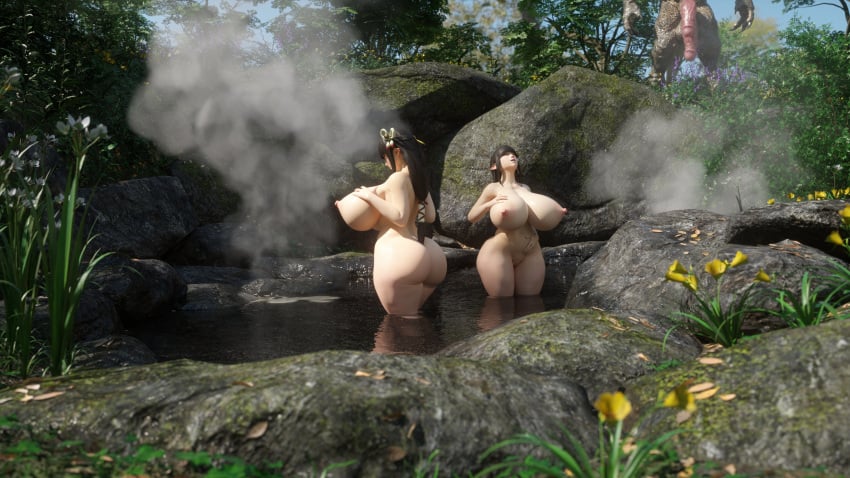 1monster 2girls 3d 4k absurdres areolae ass bath bathing blender breasts elf elf_ears elf_female erection female highres hinoa huge_ass huge_breasts huge_cock icedev larger_male male minoto monster_hunter monster_hunter_rise nipples penis pointy_ears sisters size_difference smaller_female thick_thighs twin_sisters twins voluptuous wide_hips wyverian